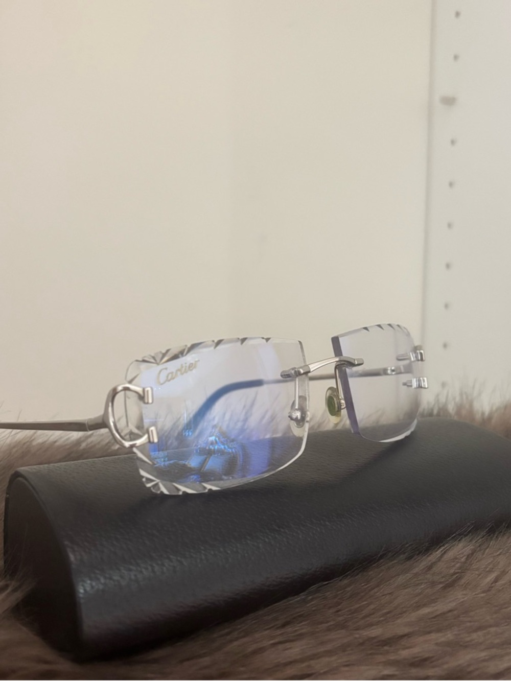 Cartier C Rimless Sunglasses/Eyeglasses Silver Frames & Blue Diamond Cut Lenses